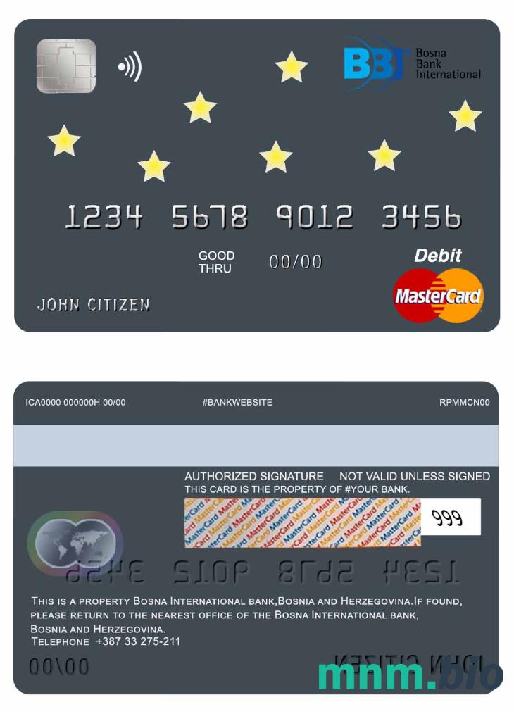 Bosnia and Herzegovina Bosna International Bank przykład karty mastercard w formacie PSD